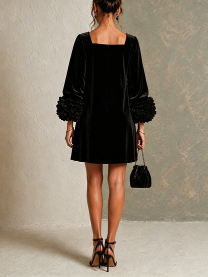 Carolina Black Velvet Button Front Mini Dress Featuring Striking Floral Cuffs – Sienna Noosa