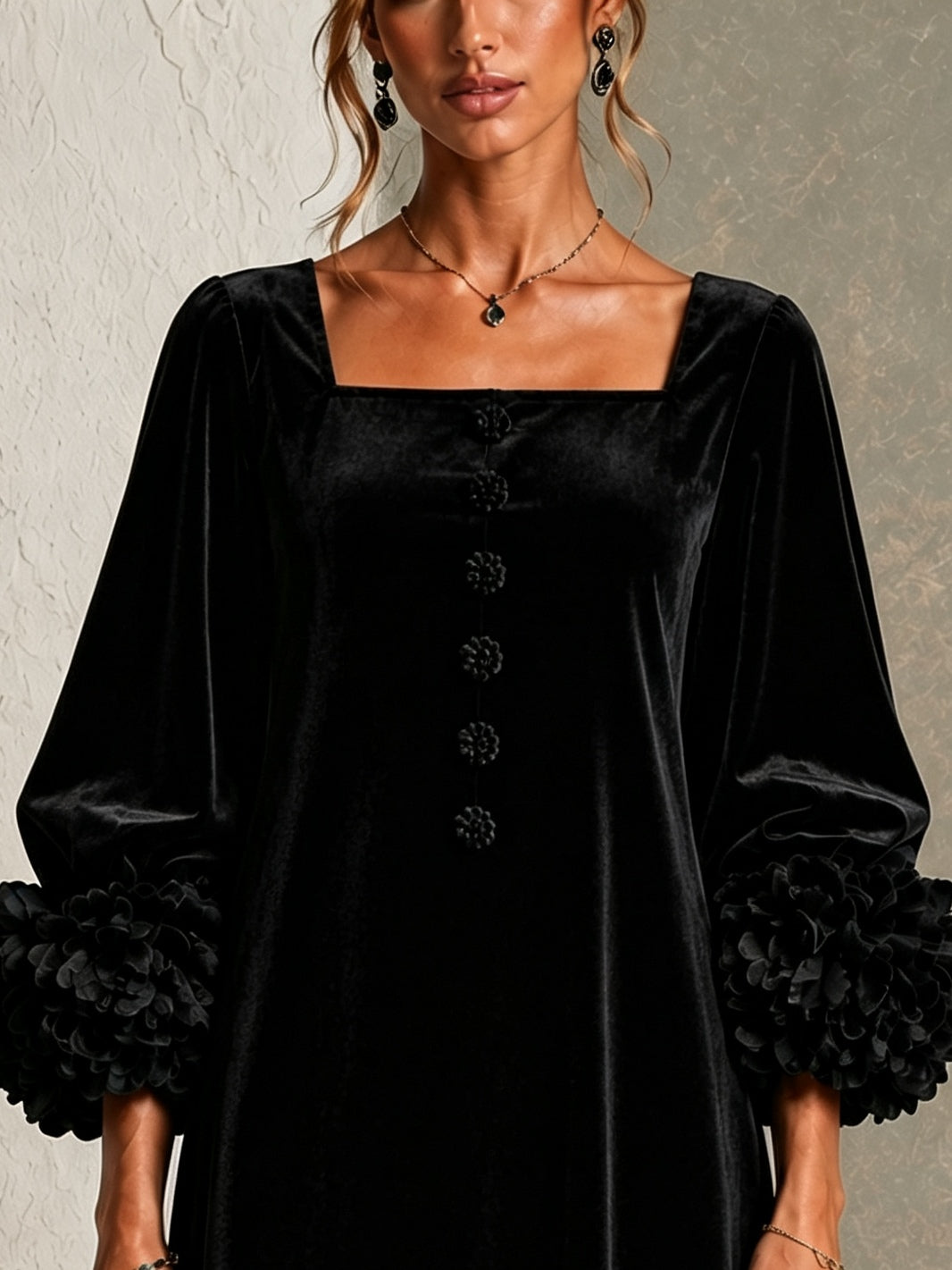 Carolina Black Velvet Button Front Mini Dress Featuring Striking Floral Cuffs – Sienna Noosa