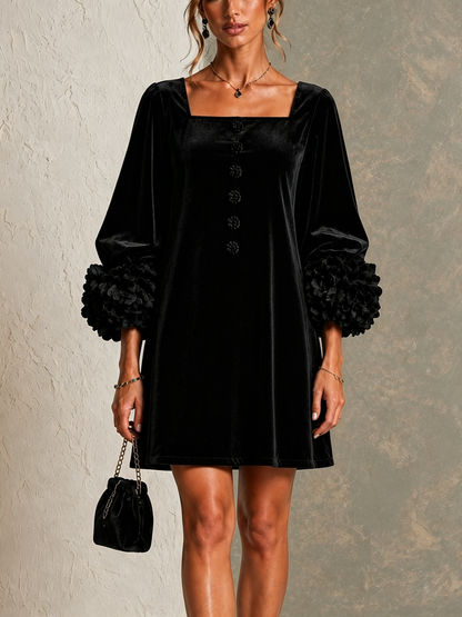 Carolina Black Velvet Button Front Mini Dress Featuring Striking Floral Cuffs – Sienna Noosa