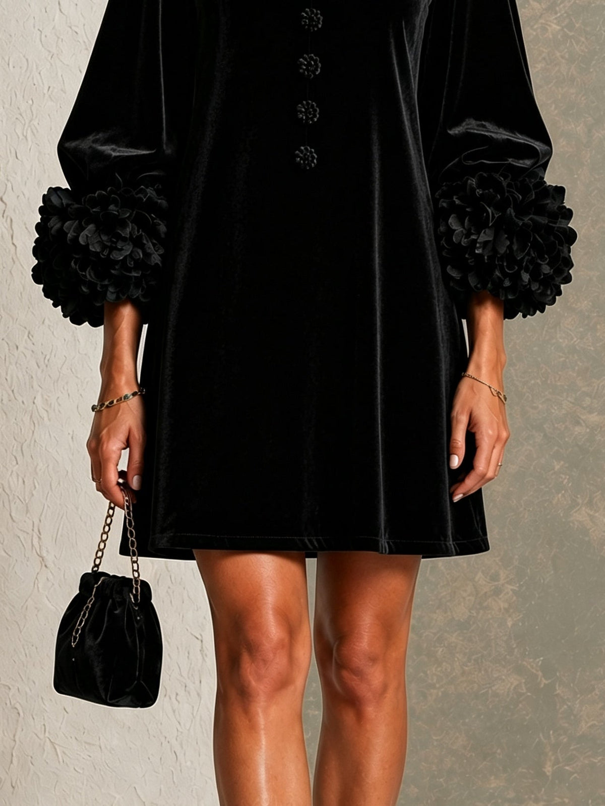 Carolina Black Velvet Button Front Mini Dress Featuring Striking Floral Cuffs – Sienna Noosa