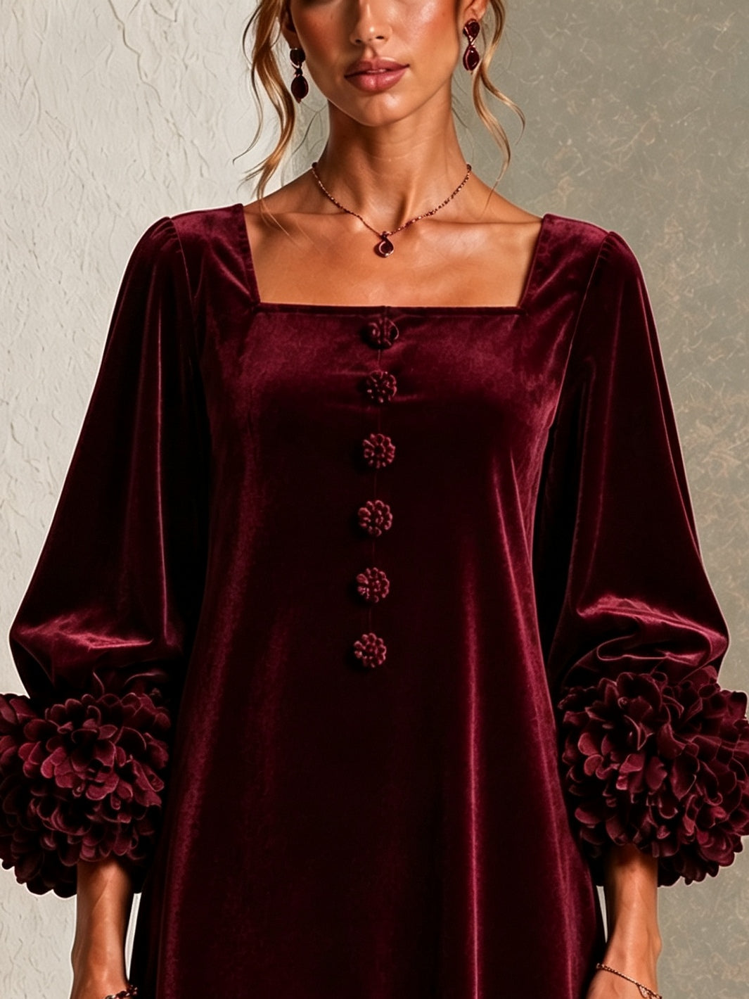 Paula Burgundy Velvet Button Front Mini Dress Featuring Striking Floral Cuffs – Sienna Noosa