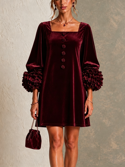 Paula Burgundy Velvet Button Front Mini Dress Featuring Striking Floral Cuffs – Sienna Noosa
