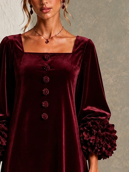 Paula Burgundy Velvet Button Front Mini Dress Featuring Striking Floral Cuffs – Sienna Noosa