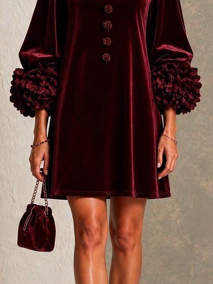Paula Burgundy Velvet Button Front Mini Dress Featuring Striking Floral Cuffs – Sienna Noosa