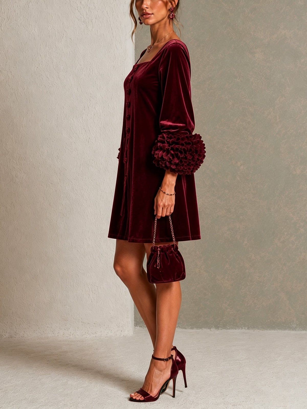 Paula Burgundy Velvet Button Front Mini Dress Featuring Striking Floral Cuffs – Sienna Noosa
