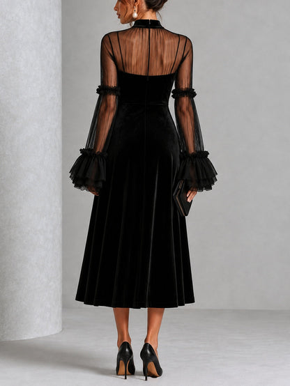 Lorena Black Velvet and Sheer Mesh Spliced Pleated Midi Dress – Sienna Noosa