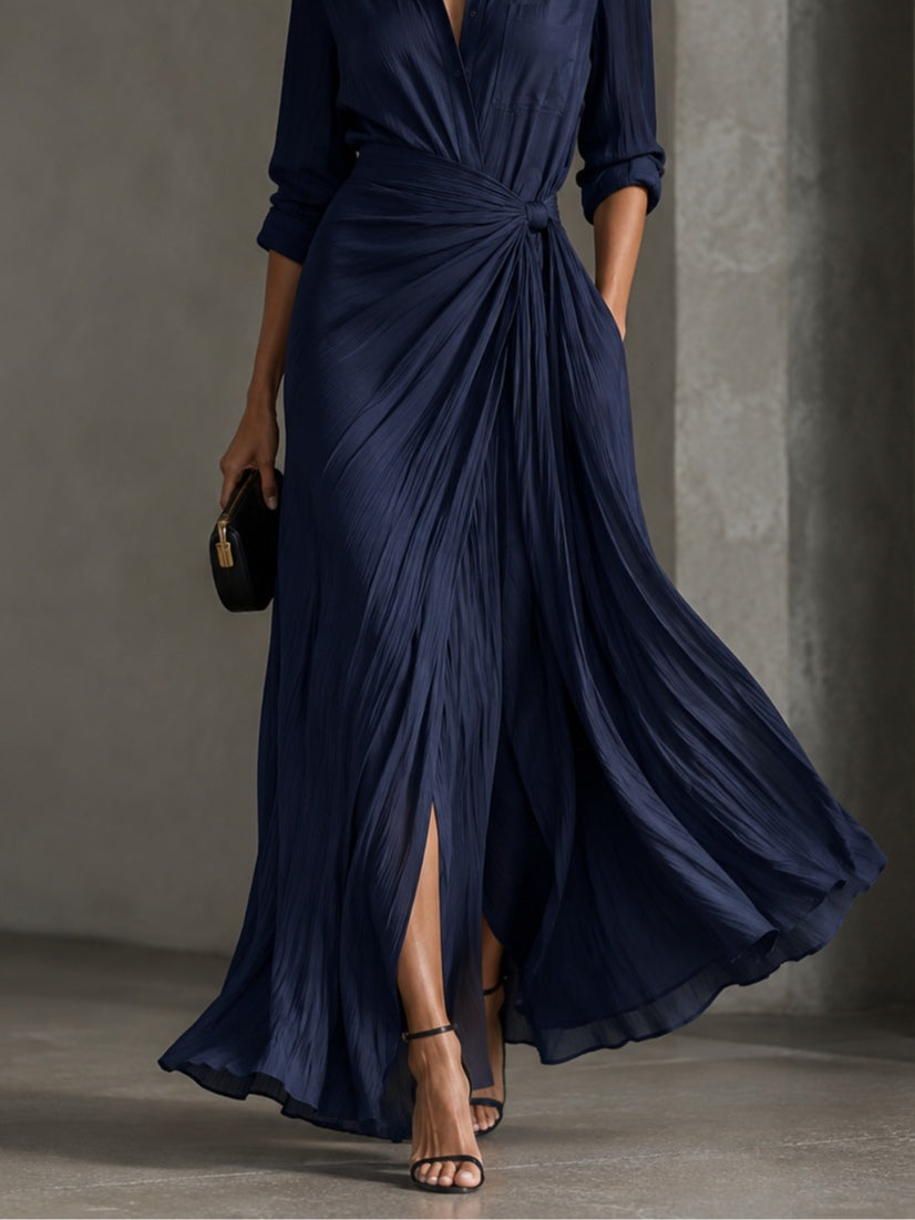 Elegant Navy Blue Knotted Maxi Shirt Dress – Sienna Noosa