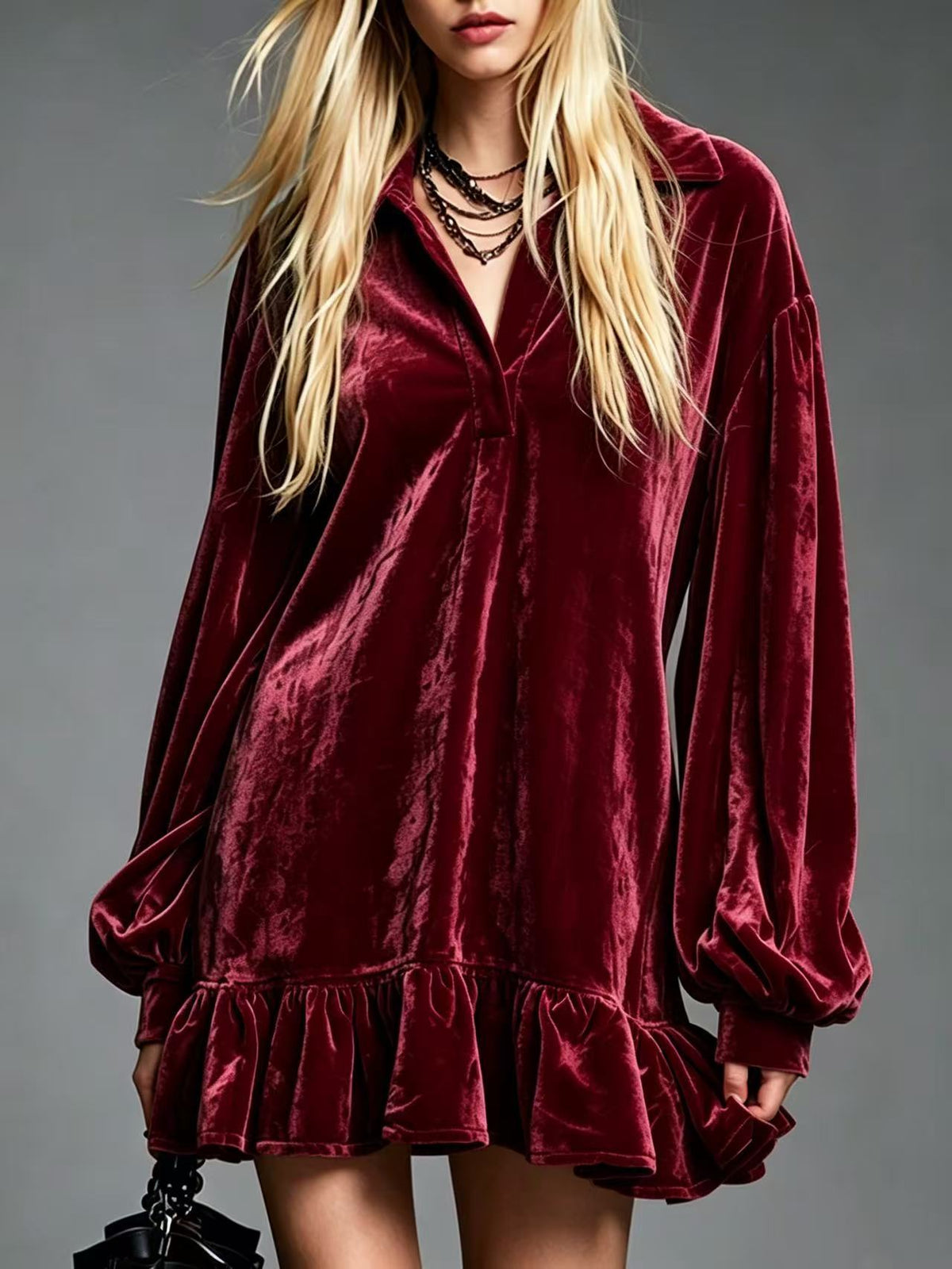 Eira Velvet Mini Dress with Lantern Sleeves Ruffled Hem – Sienna Noosa