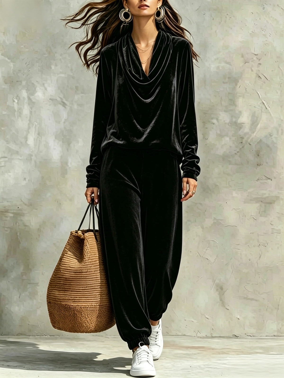 Nuria Black Velvet Cowl Neck Top and Loose Fitting Cuffed Hem Pants Set – Sienna Noosa