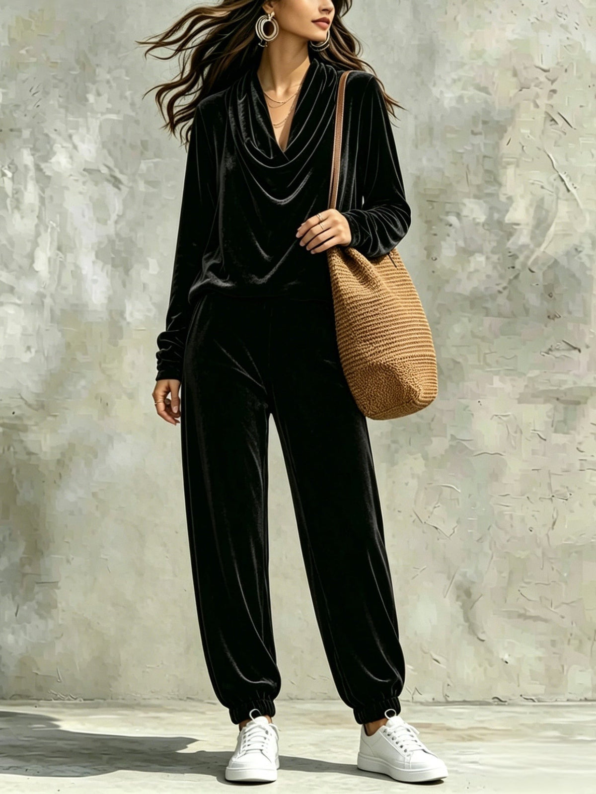 Nuria Black Velvet Cowl Neck Top and Loose Fitting Cuffed Hem Pants Set – Sienna Noosa