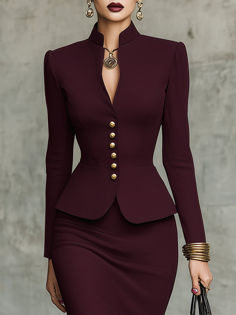 Leticia Burgundy Ruffled Hem Top and Skirt Set with Gold Tone Buttons – Sienna Noosa