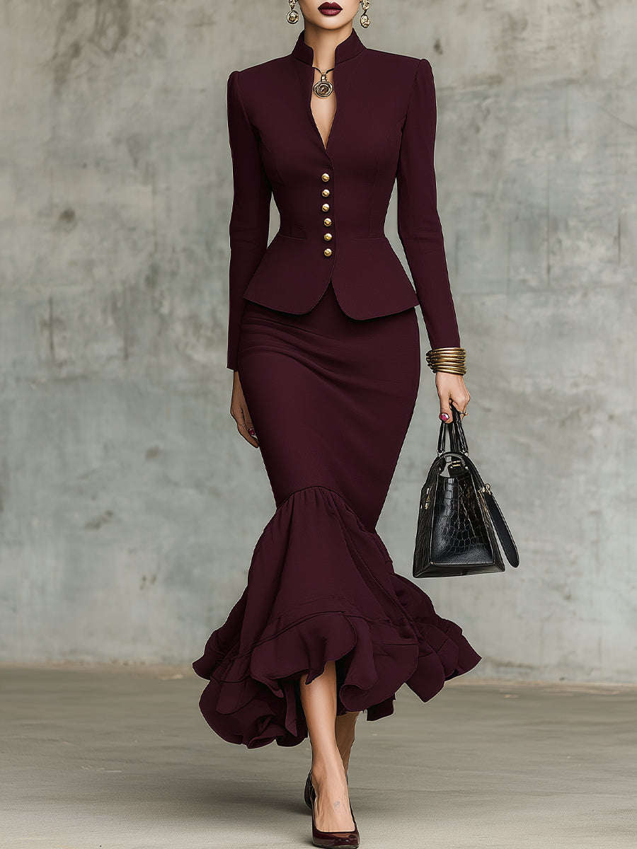Leticia Burgundy Ruffled Hem Top and Skirt Set with Gold Tone Buttons – Sienna Noosa