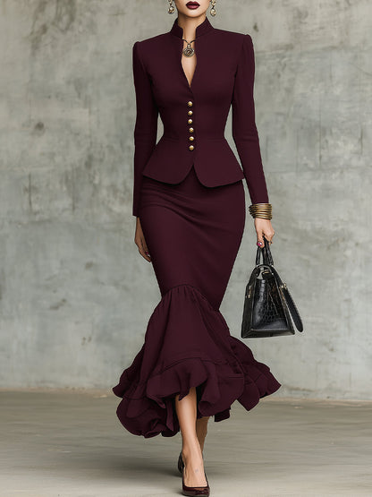 Leticia Burgundy Ruffled Hem Top and Skirt Set with Gold Tone Buttons – Sienna Noosa