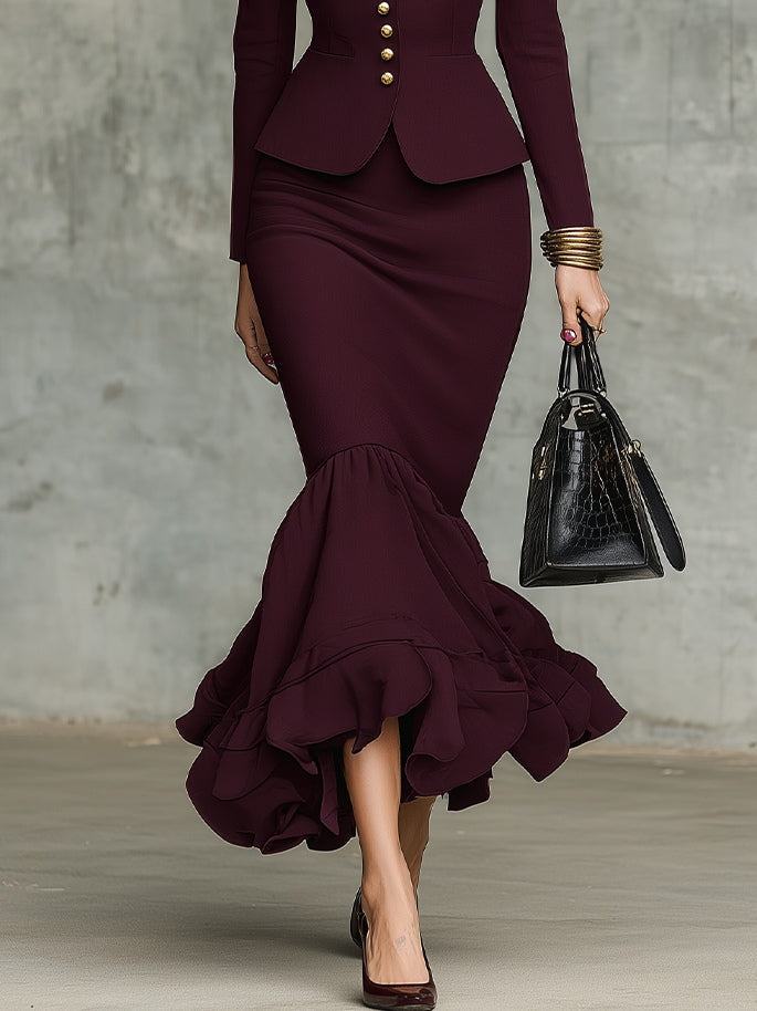 Leticia Burgundy Ruffled Hem Top and Skirt Set with Gold Tone Buttons – Sienna Noosa