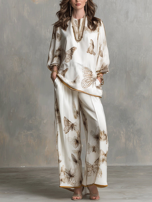 Patricia Ivory Satin V Neck Butterfly Print Top and Wide Leg Trousers Set – Sienna Noosa