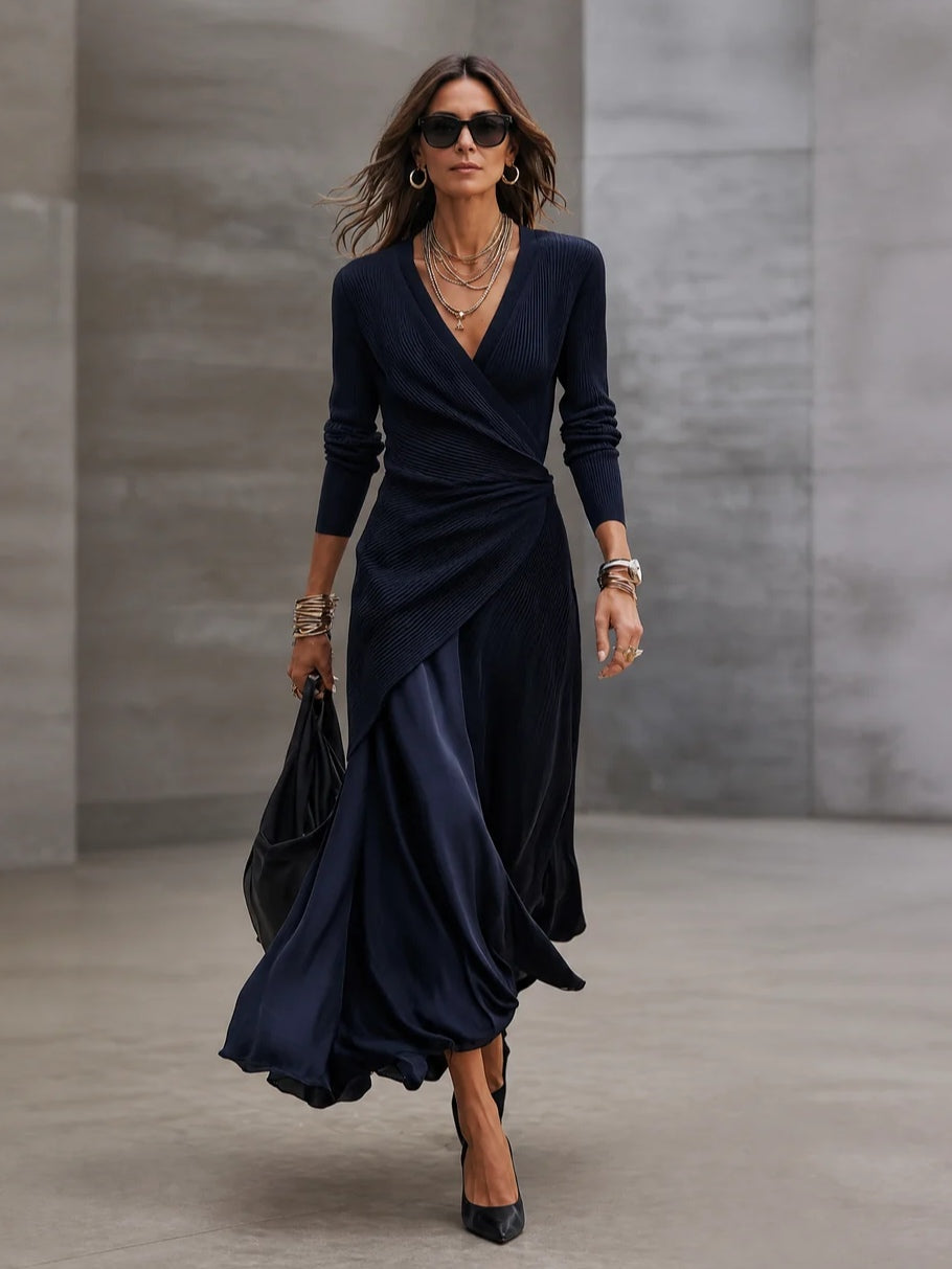 Navy V Neck Ribbed Asymmetrical Wrap Maxi Dress with Satin Paneling – Sienna Noosa
