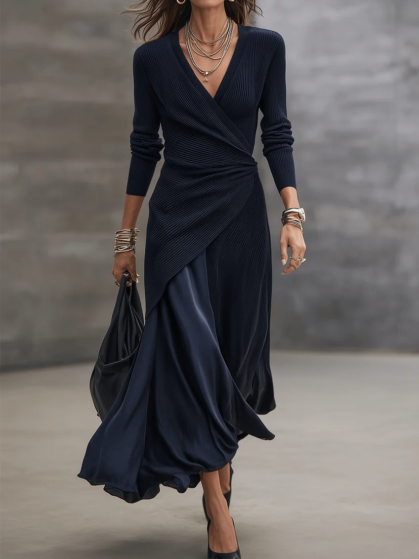 Navy V Neck Ribbed Asymmetrical Wrap Maxi Dress with Satin Paneling – Sienna Noosa