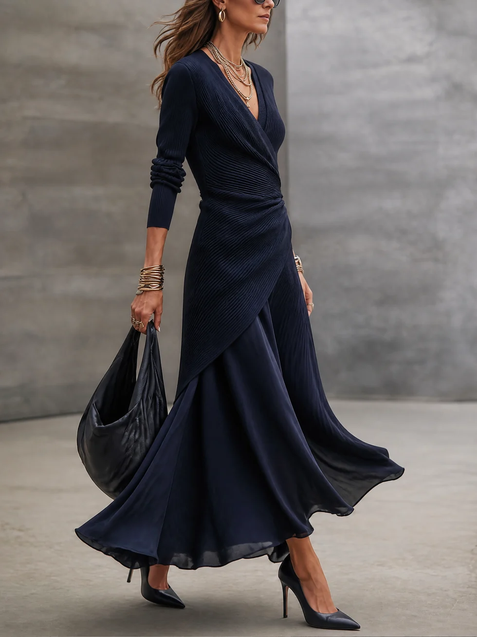 Navy V Neck Ribbed Asymmetrical Wrap Maxi Dress with Satin Paneling – Sienna Noosa