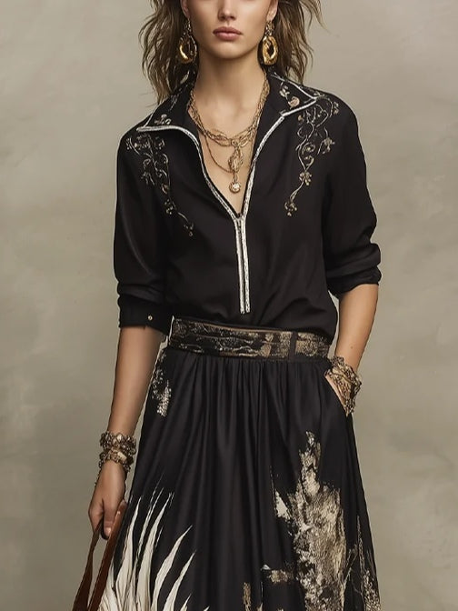 Fátima Black Gold Artistic Print Half Zip Shirt and Flowy Floral Midi Skirt Set – Sienna Noosa