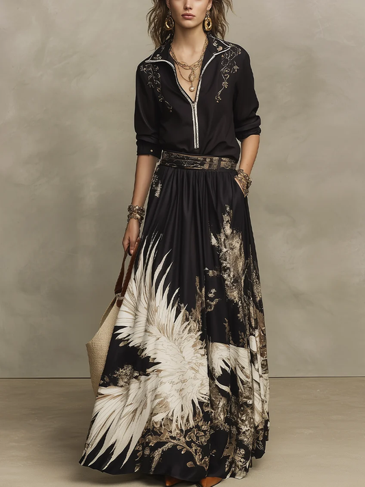 Fátima Black Gold Artistic Print Half Zip Shirt and Flowy Floral Midi Skirt Set – Sienna Noosa