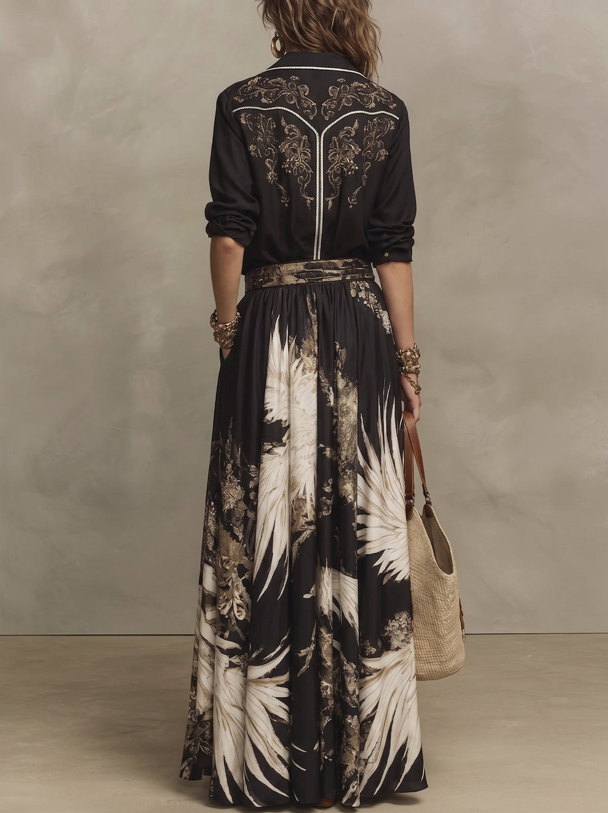 Fátima Black Gold Artistic Print Half Zip Shirt and Flowy Floral Midi Skirt Set – Sienna Noosa
