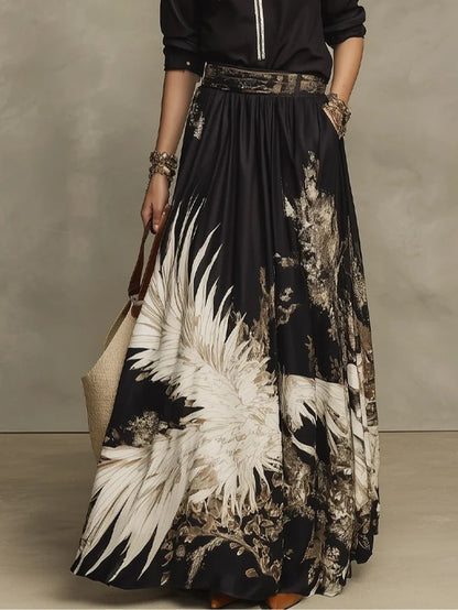 Fátima Black Gold Artistic Print Half Zip Shirt and Flowy Floral Midi Skirt Set – Sienna Noosa