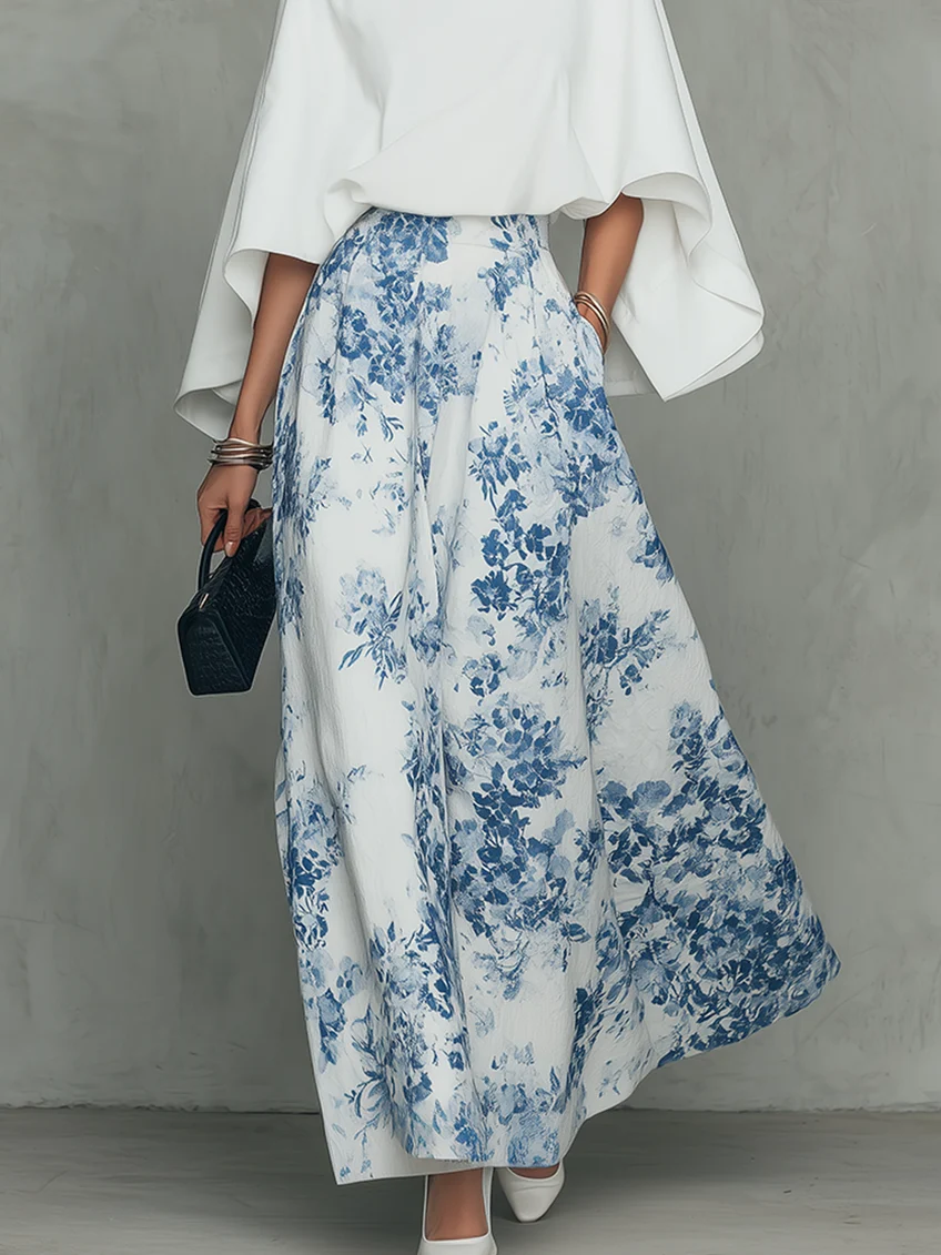 Ivory Blue Floral Print Skirt and White Cape Top Set – Sienna Noosa