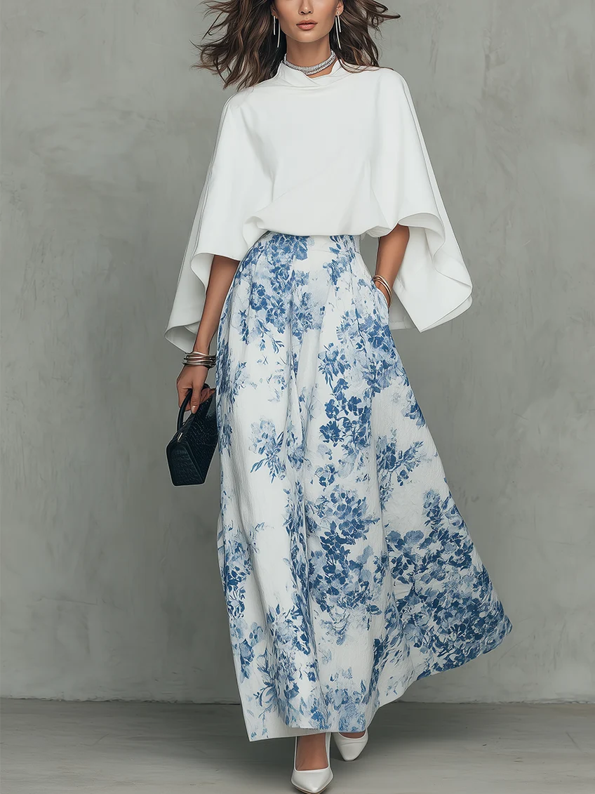 Ivory Blue Floral Print Skirt and White Cape Top Set – Sienna Noosa