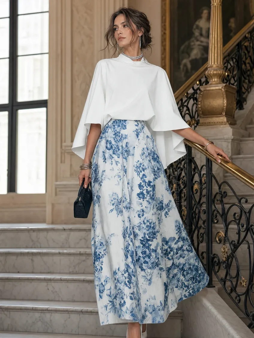 Ivory Blue Floral Print Skirt and White Cape Top Set – Sienna Noosa
