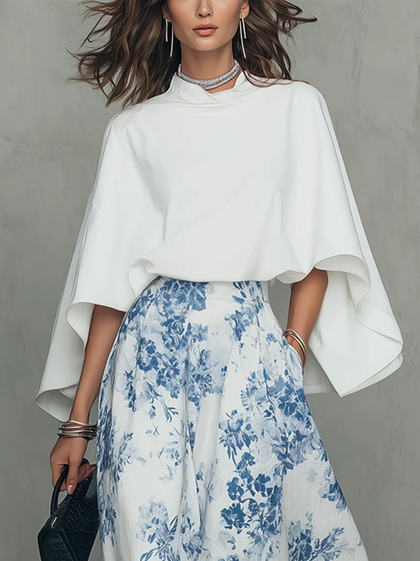 Ivory Blue Floral Print Skirt and White Cape Top Set – Sienna Noosa
