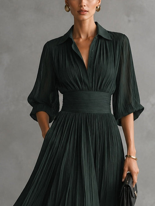 Dark Emerald Pleated Collar Three Quarter Sleeve Shirt Maxi Dress – Sienna Noosa