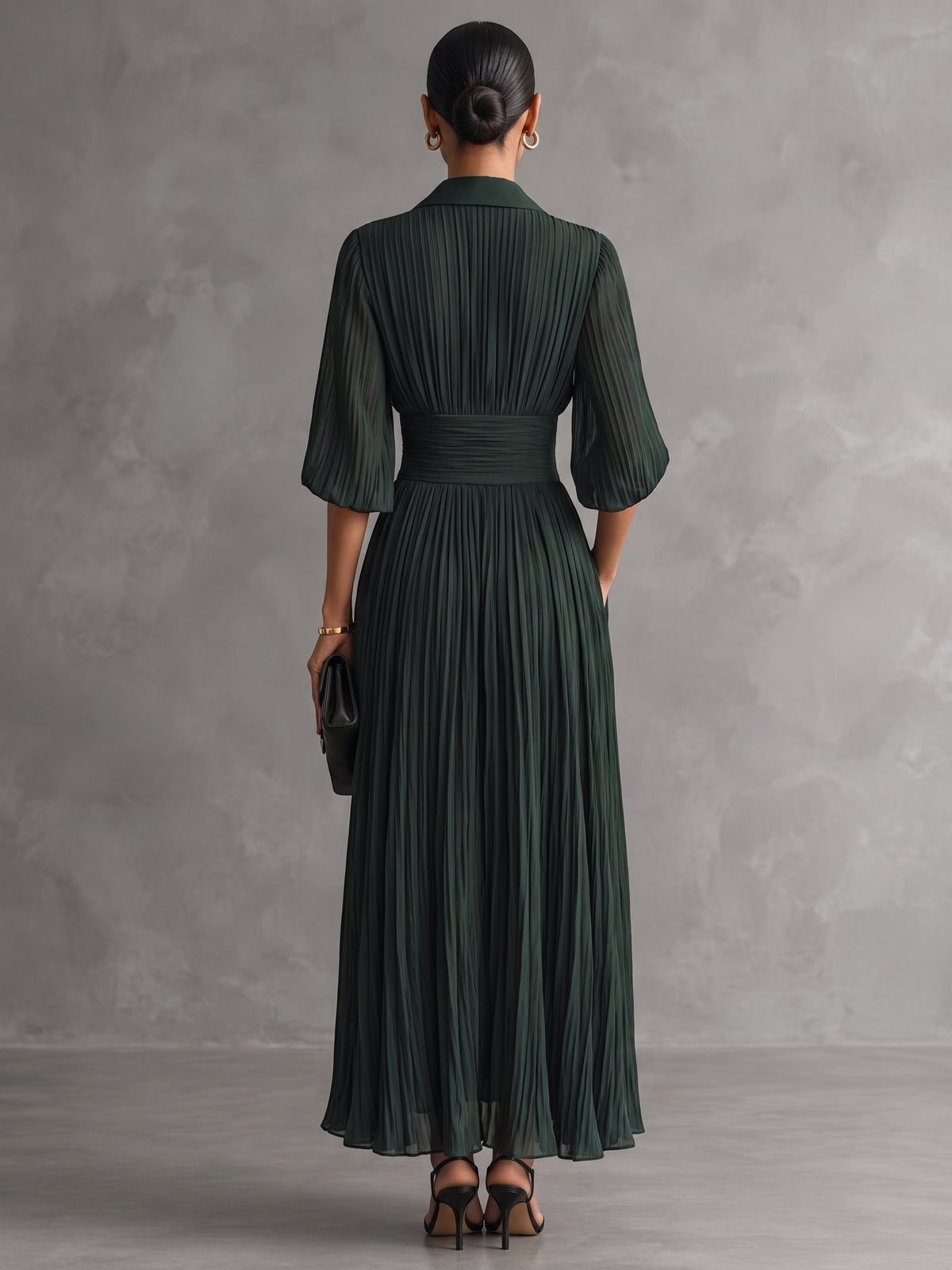 Dark Emerald Pleated Collar Three Quarter Sleeve Shirt Maxi Dress – Sienna Noosa