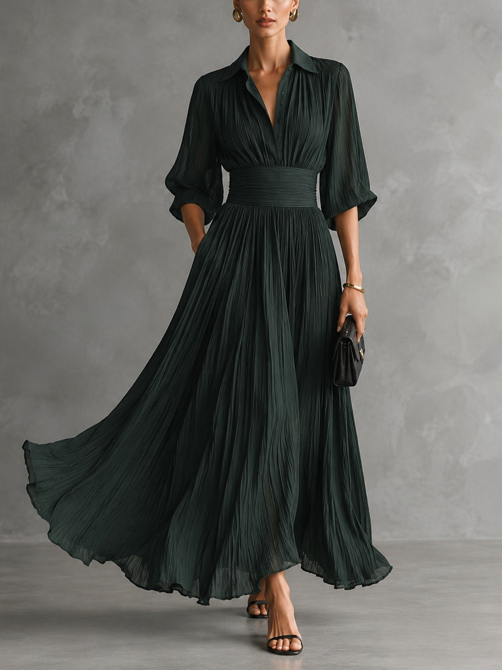 Dark Emerald Pleated Collar Three Quarter Sleeve Shirt Maxi Dress – Sienna Noosa