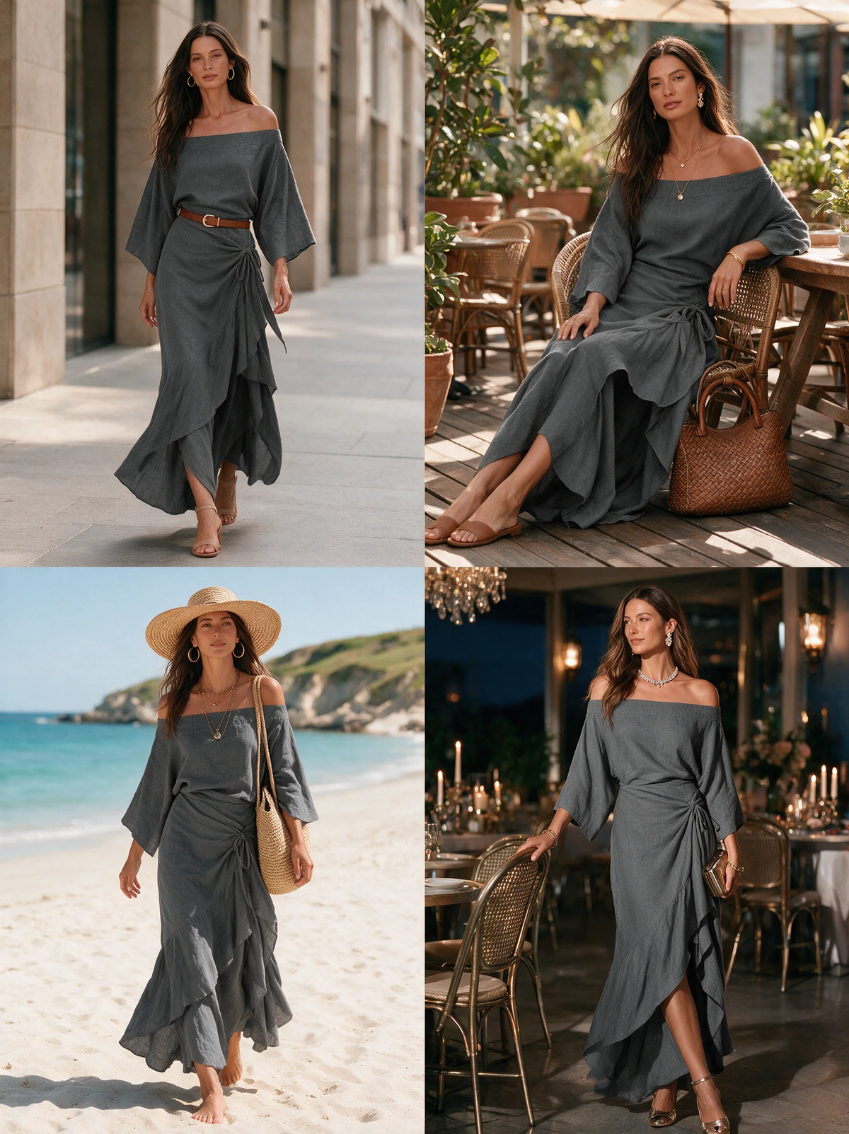 Grey Off the Shoulder Maxi Dress with Ruffled Hem and Flared Sleeves – Sienna Noosa