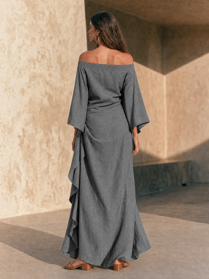 Grey Off the Shoulder Maxi Dress with Ruffled Hem and Flared Sleeves – Sienna Noosa