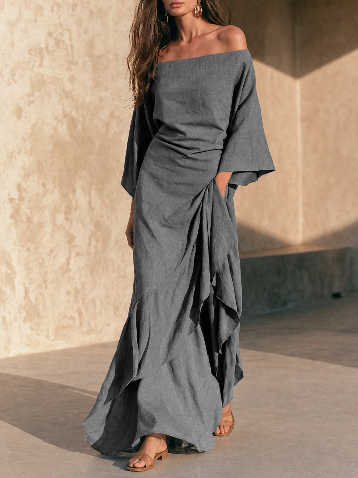 Grey Off the Shoulder Maxi Dress with Ruffled Hem and Flared Sleeves – Sienna Noosa