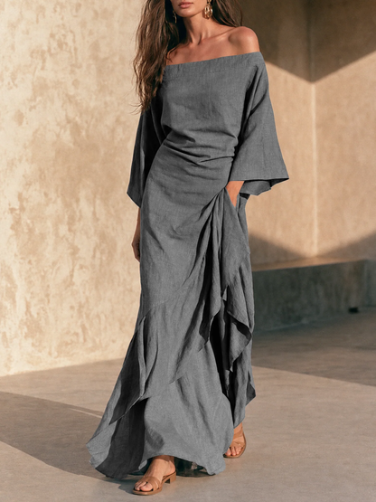 Grey Off the Shoulder Maxi Dress with Ruffled Hem and Flared Sleeves – Sienna Noosa