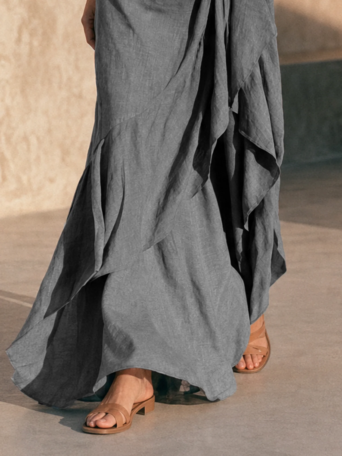 Grey Off the Shoulder Maxi Dress with Ruffled Hem and Flared Sleeves – Sienna Noosa
