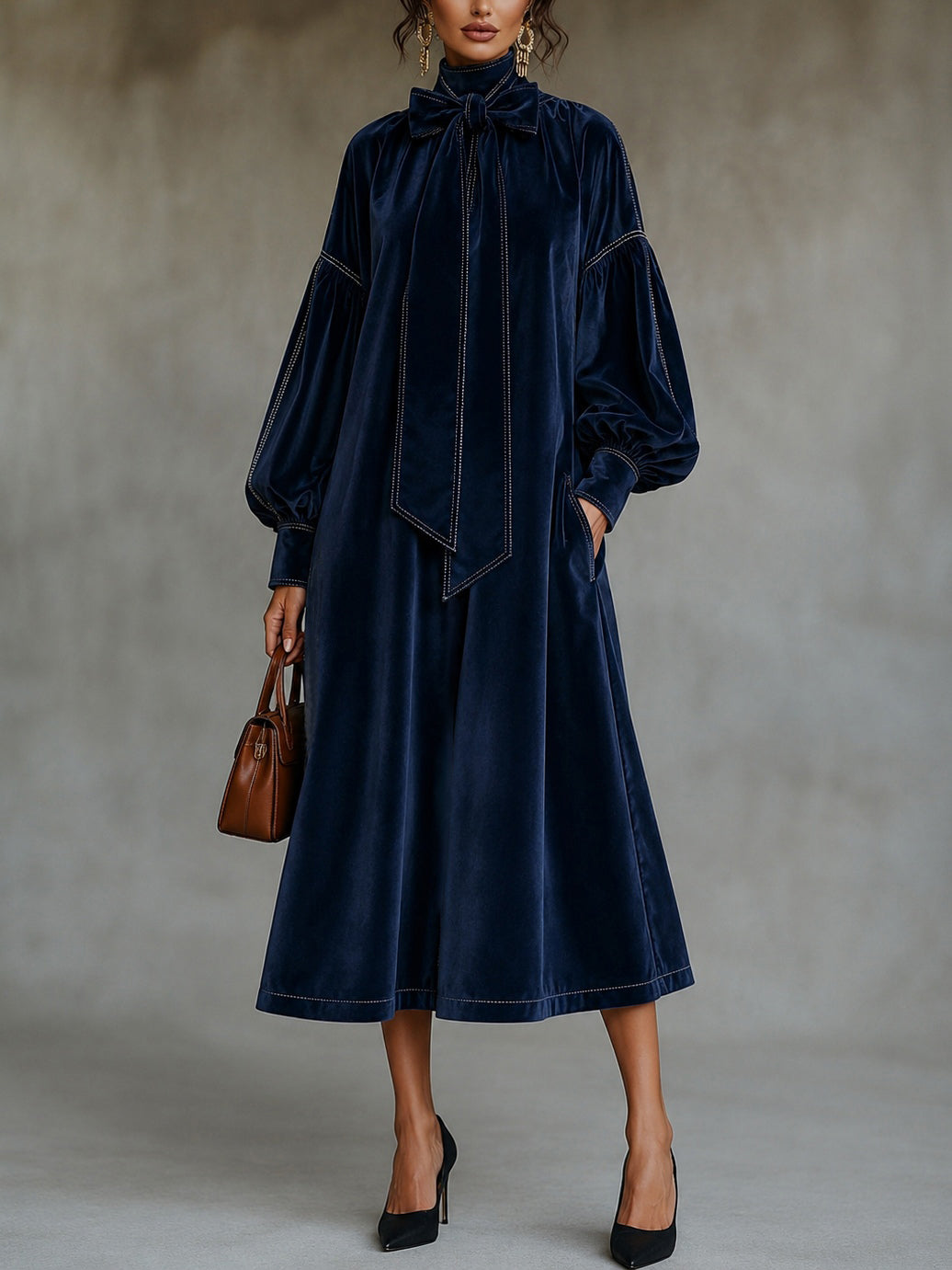 Beatriz Navy Velvet Midi Dress with Bow Detail and Lantern Sleeves – Sienna Noosa