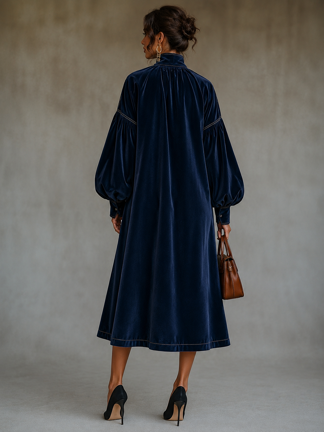 Beatriz Navy Velvet Midi Dress with Bow Detail and Lantern Sleeves – Sienna Noosa