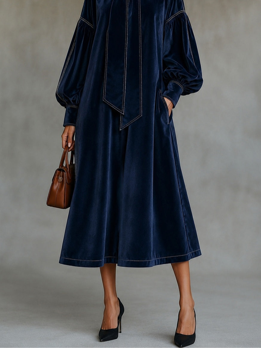 Beatriz Navy Velvet Midi Dress with Bow Detail and Lantern Sleeves – Sienna Noosa