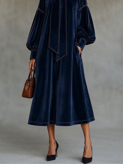 Beatriz Navy Velvet Midi Dress with Bow Detail and Lantern Sleeves – Sienna Noosa