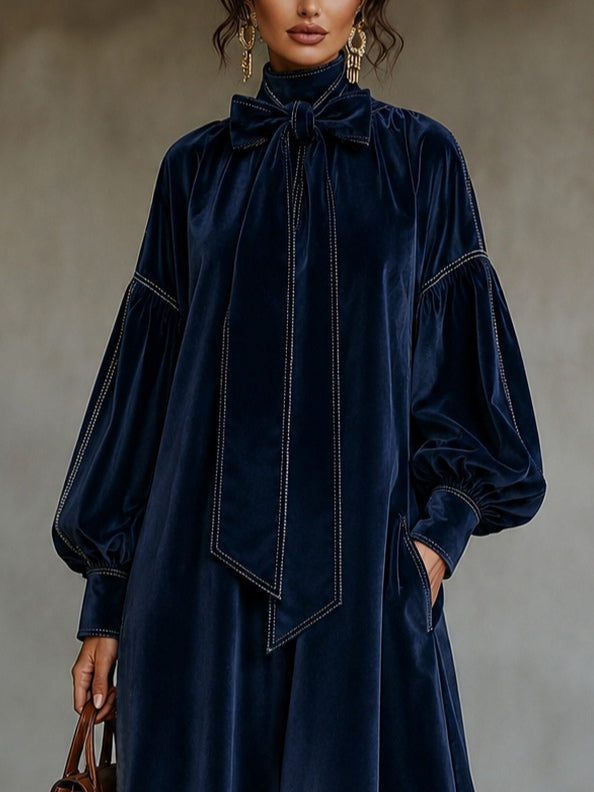 Beatriz Navy Velvet Midi Dress with Bow Detail and Lantern Sleeves – Sienna Noosa