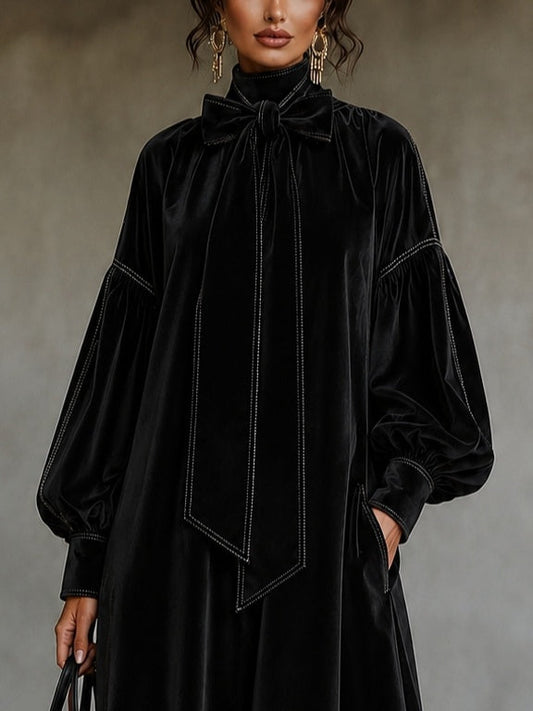 Diana Black Velvet Midi Dress with Bow Detail and Lantern Sleeves – Sienna Noosa