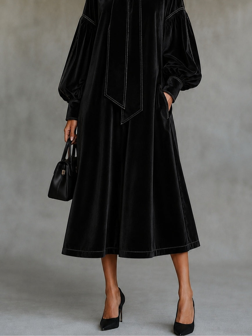 Diana Black Velvet Midi Dress with Bow Detail and Lantern Sleeves – Sienna Noosa