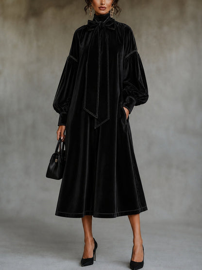 Diana Black Velvet Midi Dress with Bow Detail and Lantern Sleeves – Sienna Noosa