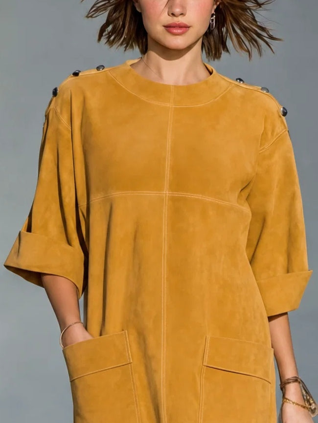 Marina Ginger Yellow Faux Suede Mini Dress with Shoulder Buttons and Patch Pockets – Sienna Noosa