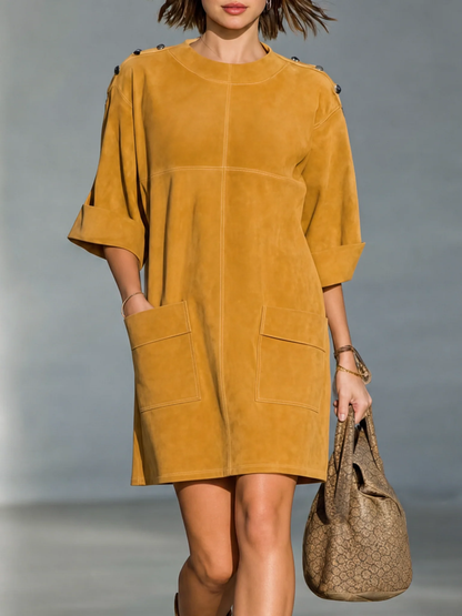 Marina Ginger Yellow Faux Suede Mini Dress with Shoulder Buttons and Patch Pockets – Sienna Noosa