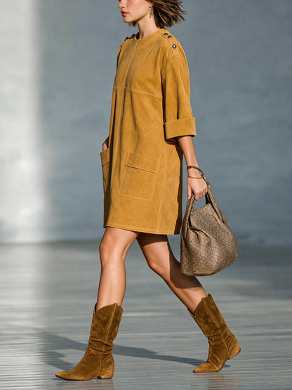 Marina Ginger Yellow Faux Suede Mini Dress with Shoulder Buttons and Patch Pockets – Sienna Noosa