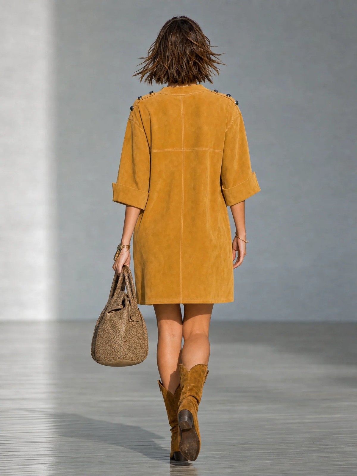 Marina Ginger Yellow Faux Suede Mini Dress with Shoulder Buttons and Patch Pockets – Sienna Noosa